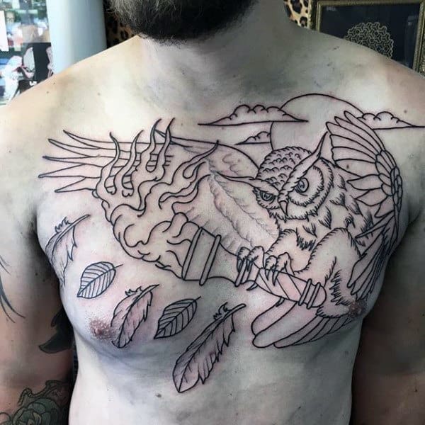 Owl Flying With Torch Mens Traditional Black Ink Outlien Chest Tattoos