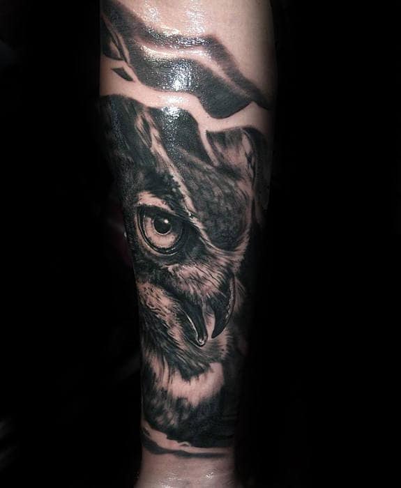 Owl Head Guys Forearm Sleeve Tattoo Designs