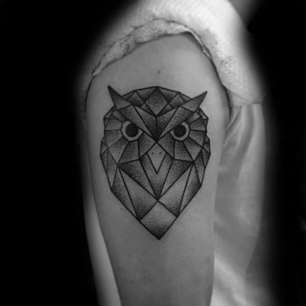 Owl Head Male Upper Arm Shaded Geometric Tattoo Inspiration