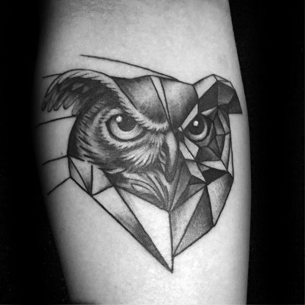 Owl Head With Geometric Body Mens Inner Forearm Tattoo