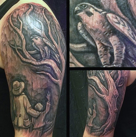 Owl In Tree Mens Wood Carving Half Sleeve Tattoos