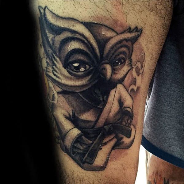Owl Jiu Jitsu Mens New School Thigh Tattoos