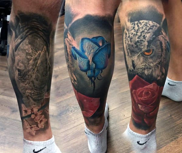 Detailed leg tattoos: elephant, blue flower, owl, red rose, all on intertwined legs