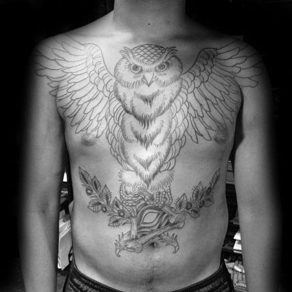 Owl Olive Branch Mens Full Chest Tattoos