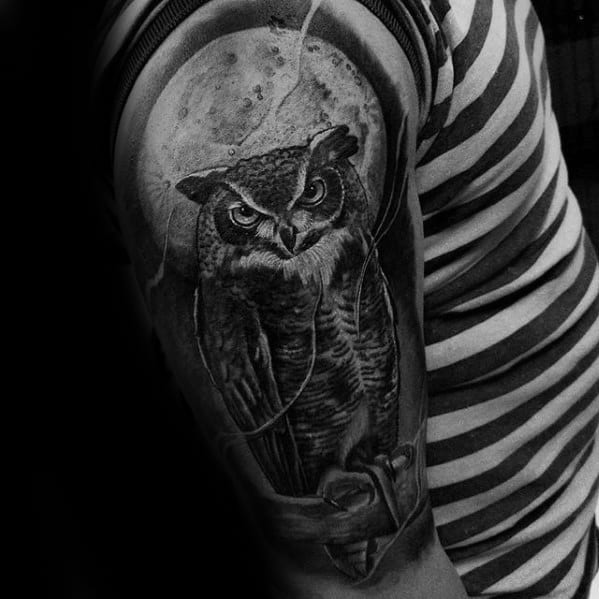 Owl On Tree Branch With Moon Mens Half Sleeve Tattoo