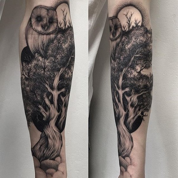 Owl Overlooking Forest Of Trees Male Forearm Tattoo