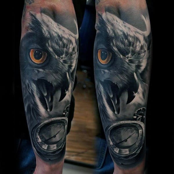 Owl Pocket Watch Forearm Sleeve Animal Tattoo On Man