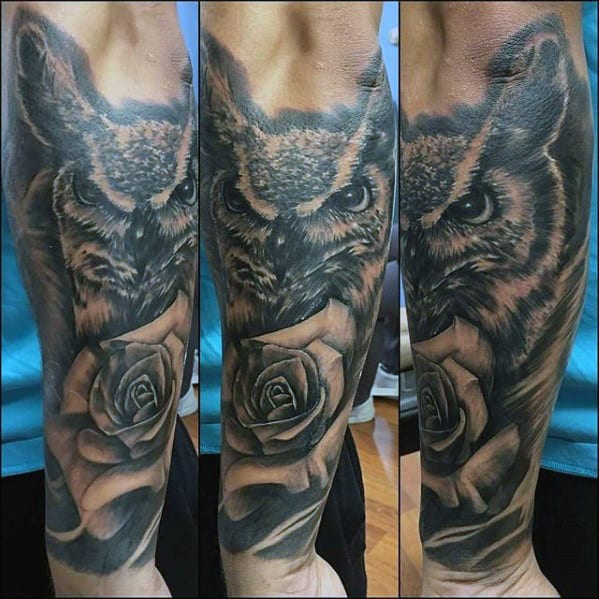 Owl Rose Flower Mens Forearm Tattoos