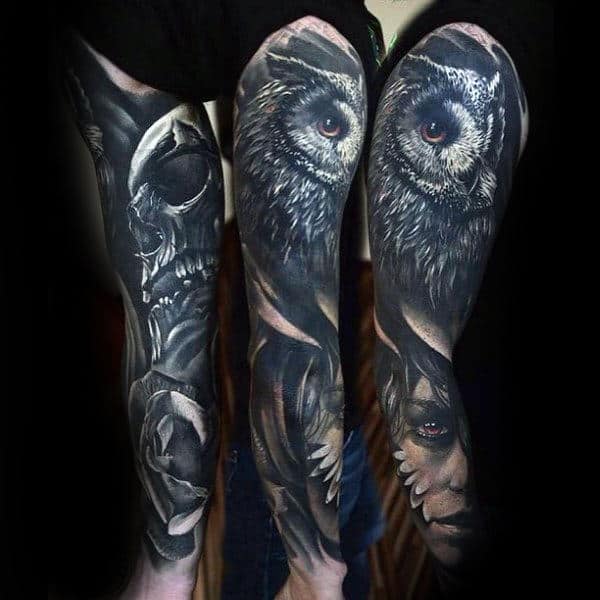 Owl Skull And Female Portrait Unique Sleeve Tattoo For Guys