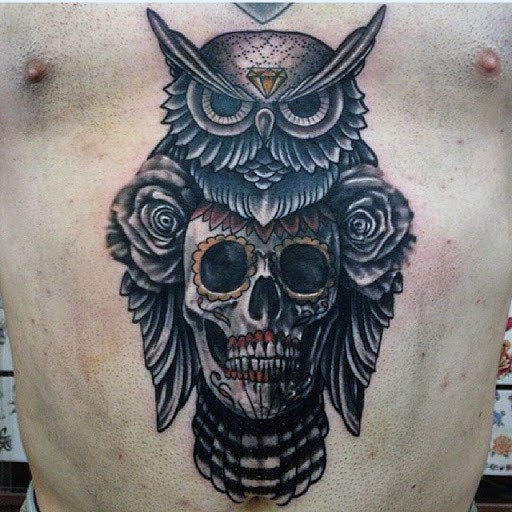 Owl Skull Male Tattoos On Chest