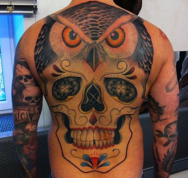 Owl Skull Tattoo Design On Mans Back