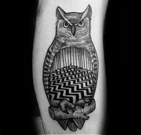 Owl Twin Peaks Guys Leg Tattoo
