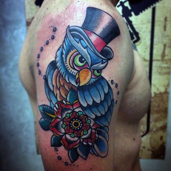 Owl Wearing Top Hat Mens Traditional Arm Tattoos