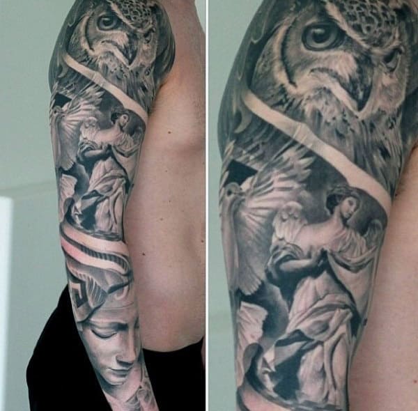 Owl With Angels Mens Detailed Full Sleeve Tattoo