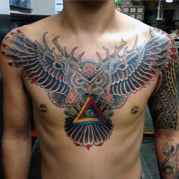 Owl With Antlers Mens Upper Chest Traditional Tattoo Design
