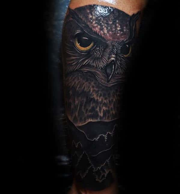 Owl With Blackwork Mountains Mens Forearm Sleeve Tattoo