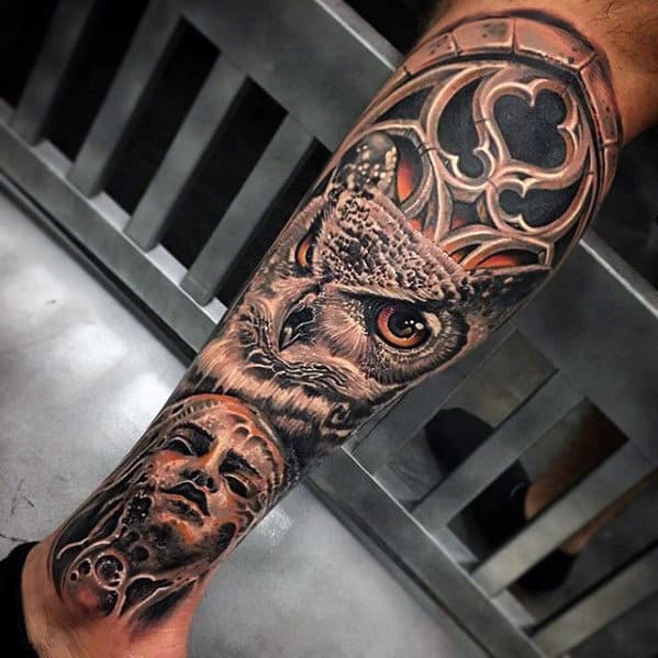 Owl With Church Window 3d Leg Tattoos For Men