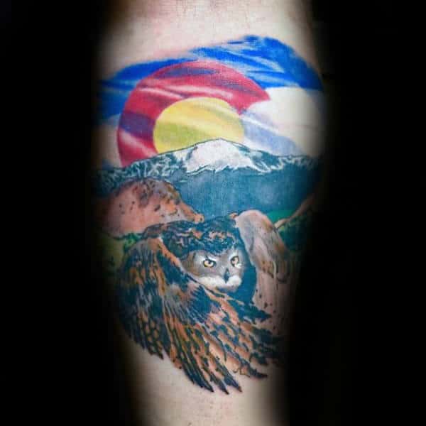 Owl With Colorado Flag Mens Inner Forearm Tattoos
