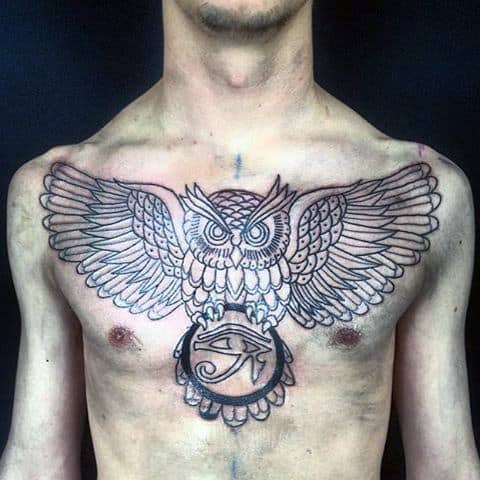 Owl With Eye Of Horus Old School Mens Chest Tattoos