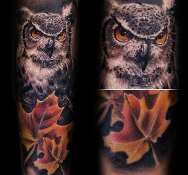Owl With Fall Leaves Mens Forearm Sleeve Tattoos