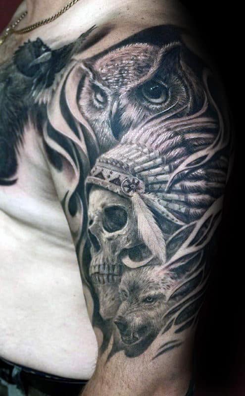 Owl With Indian Skull Male Half Sleeve Tattoo