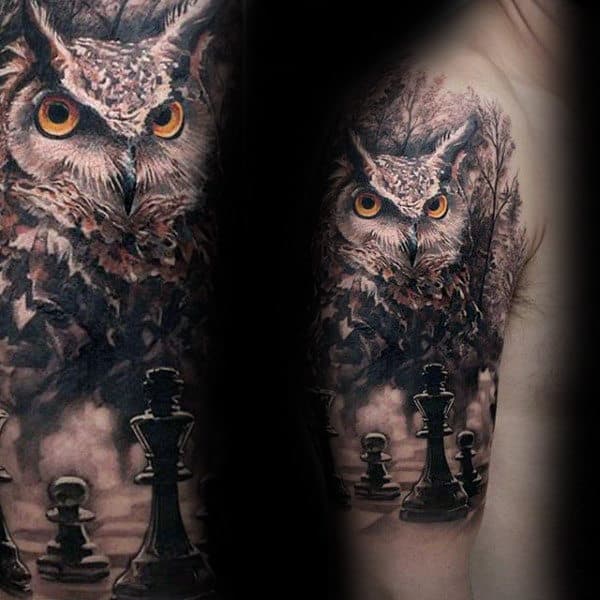 Owl With King Chess Piece Mens Cool Half Sleeve Tattoos