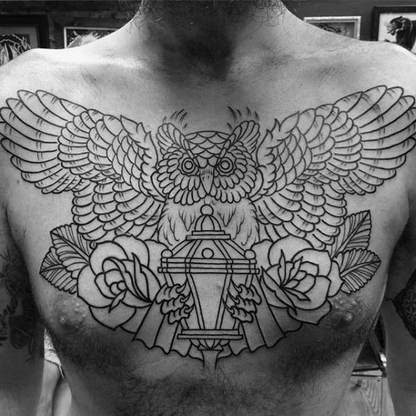 Owl With Lantern And Flowers Mens Traditional Chest Tattoo