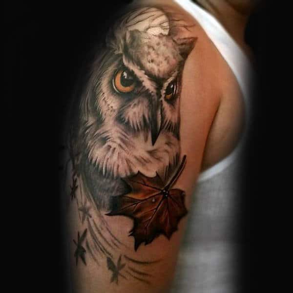 Owl With Maple Leaf Mens Upper Arm Tattoo Designs