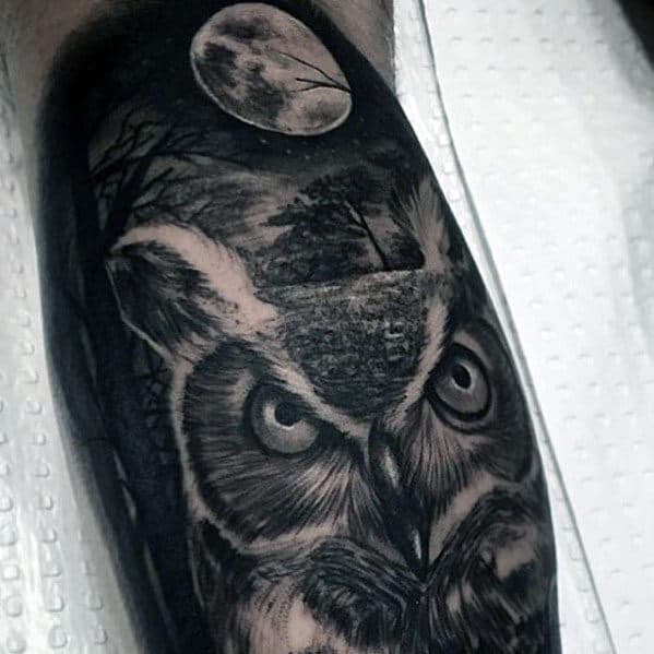 Owl With Moon Guys Realistic Leg Tattoo Esigns
