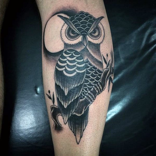 Owl With Moon On Branch Guys Traditional Leg Tattoos