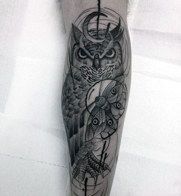 Owl With Moth And Moon Mens Leg Tattoo Designs