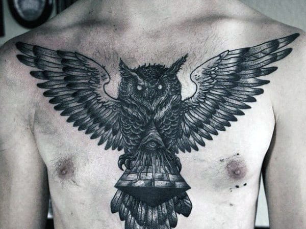 Owl With Pyramid Mens Chest Tattoo
