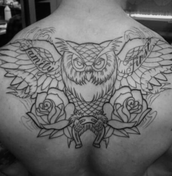Owl With Roses And Horseshoe Mens Upper Back Tattoo