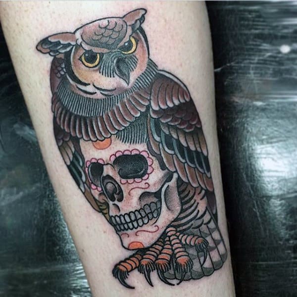 Owl With Skull Detailed Male Traditional Arm Tattoo Ideas
