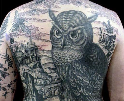 Owl With Village Landscape Guys Full Back Black And Grey Tattoos