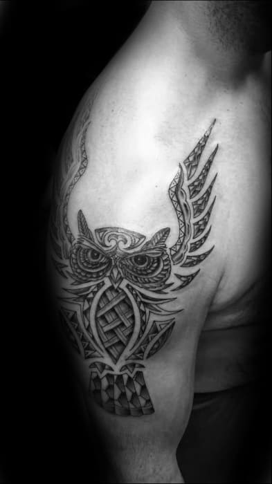 Owl With Wings Guys Tribal Arm Tattoo