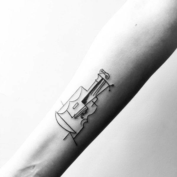 Minimalist Picasso-inspired tattoo of a violin with abstract geometric lines, blending cubist and musical elements.
