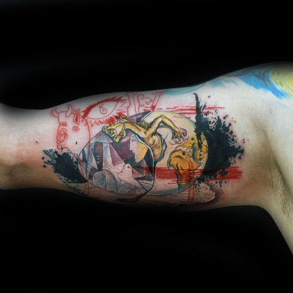 Abstract inner arm tattoo blending Picasso’s *Guernica* elements with vivid watercolor splashes, featuring a fallen figure, bull, and expressive chaos.