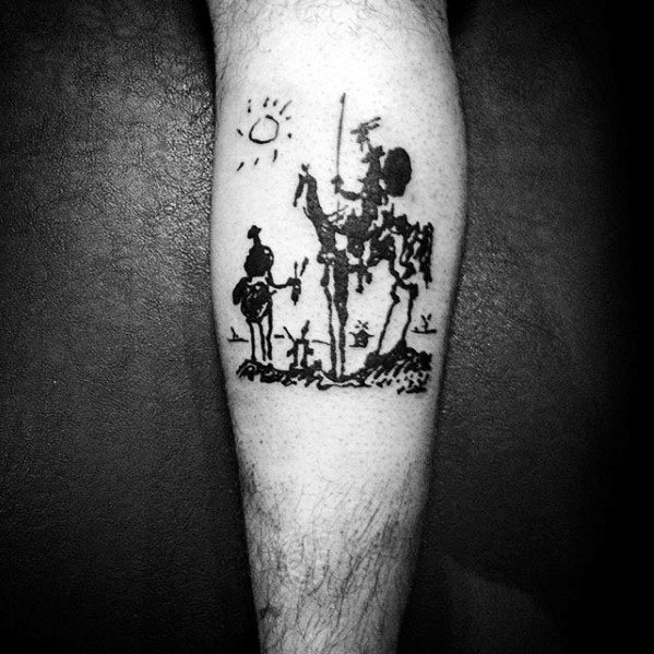 Calf tattoo of Picasso’s *Don Quixote* sketch, showing the knight and Sancho Panza under a simple sun with windmills in the distance.