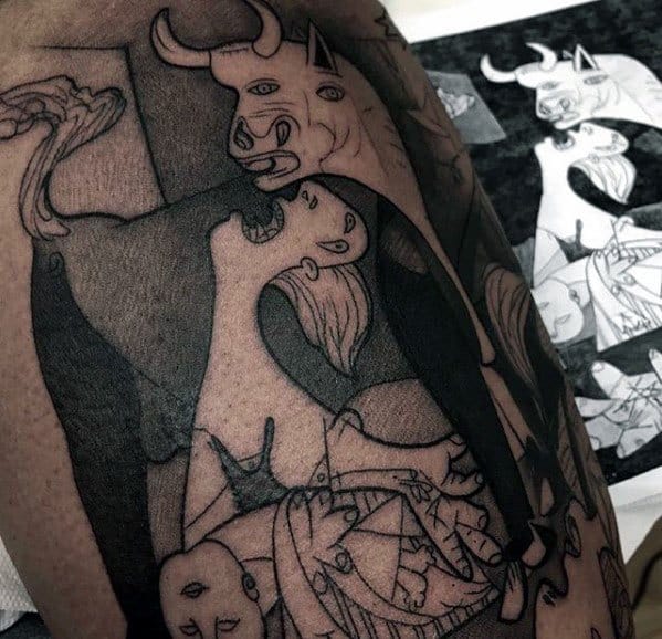 Detailed tattoo of a section from Picasso’s *Guernica*, featuring the anguished woman and the powerful bull in bold blackwork and fine dot shading.