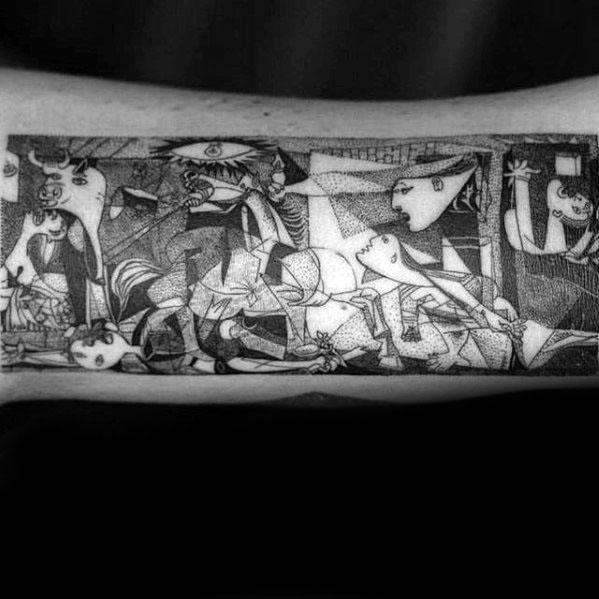 Forearm tattoo of Picasso’s *Guernica* in intricate dotwork, capturing the full chaotic scene with fragmented figures, bull, and symbolic elements.