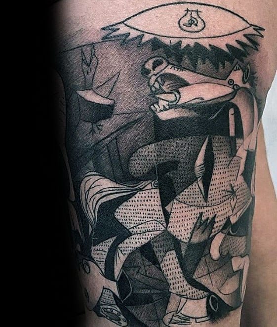 Detailed upper arm tattoo of Picasso’s *Guernica*, featuring the iconic light bulb eye, anguished figures, and intricate shading with cubist elements.