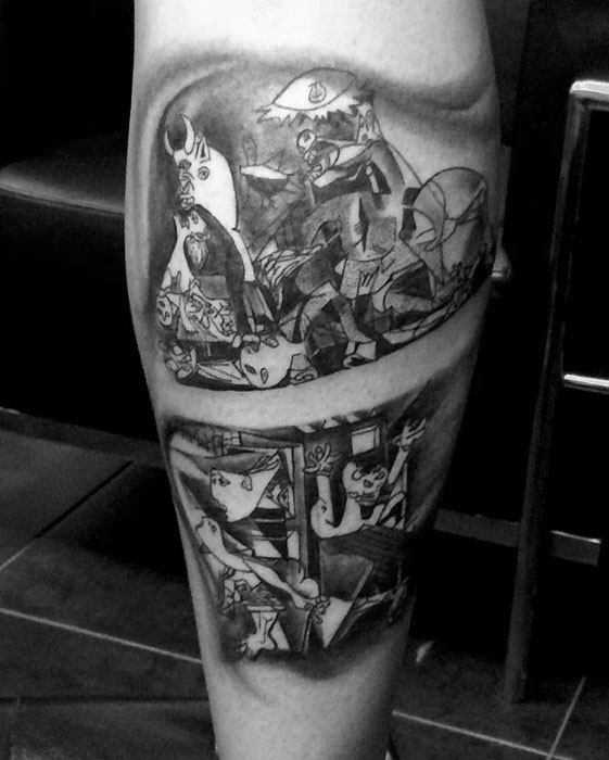 Calf tattoo featuring two framed sections of Picasso’s *Guernica*, showcasing fragmented figures, the bull, and intense emotional expressions.