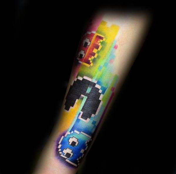 Pacman Themed Guy With Pixel Tattoo Design On Inner Forearm