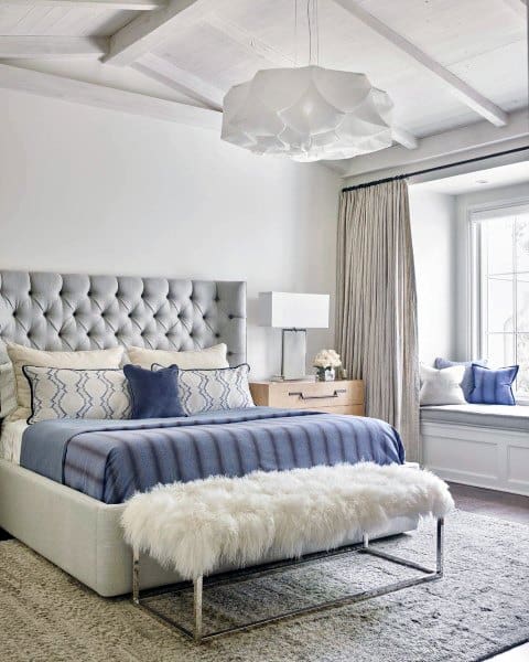 modern attic bedroom soft gray headboard