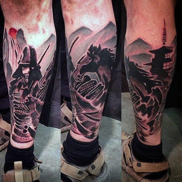 Bold black and red leg sleeve tattoo featuring a samurai, galloping horse, Japanese pagoda, and mountains with dramatic shading and contrast.