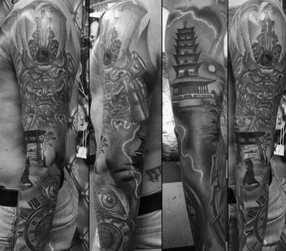 Full sleeve black and grey tattoo featuring a Japanese pagoda, samurai mask, gears, warrior, and moonlit water in a surreal, layered design.
