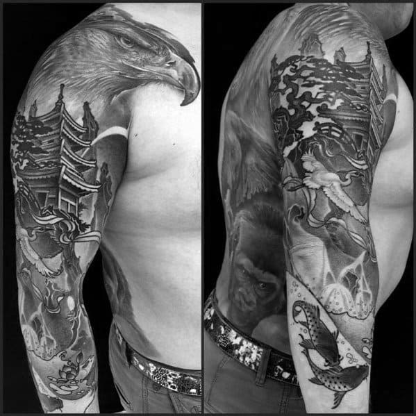 Full sleeve black and grey tattoo featuring a Japanese pagoda, eagle, koi fish, ocean waves, and a fierce portrait for a powerful visual story.