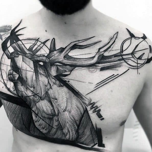 Abstract black and grey elk tattoo on the chest, featuring bold linework, geometric elements, and dynamic shading for a modern artistic design.
