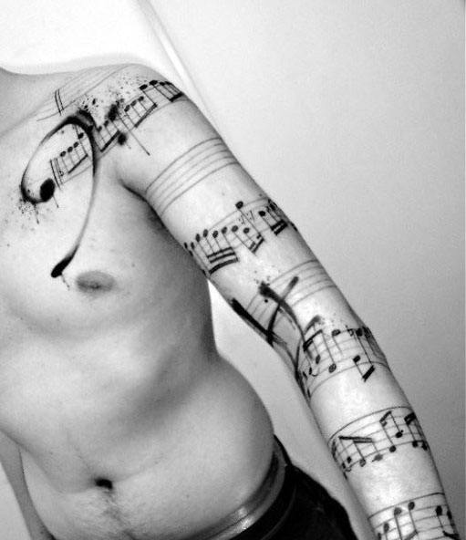 Paint Brush Stroke Full Arm Mens Tattoo With Music Staff Design
